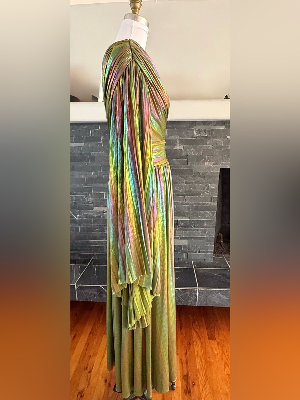 BRONX and BANCO One-Shoulder Metallic Pleated Green Multi Colored Evening Gown M - Picture 5 of 7